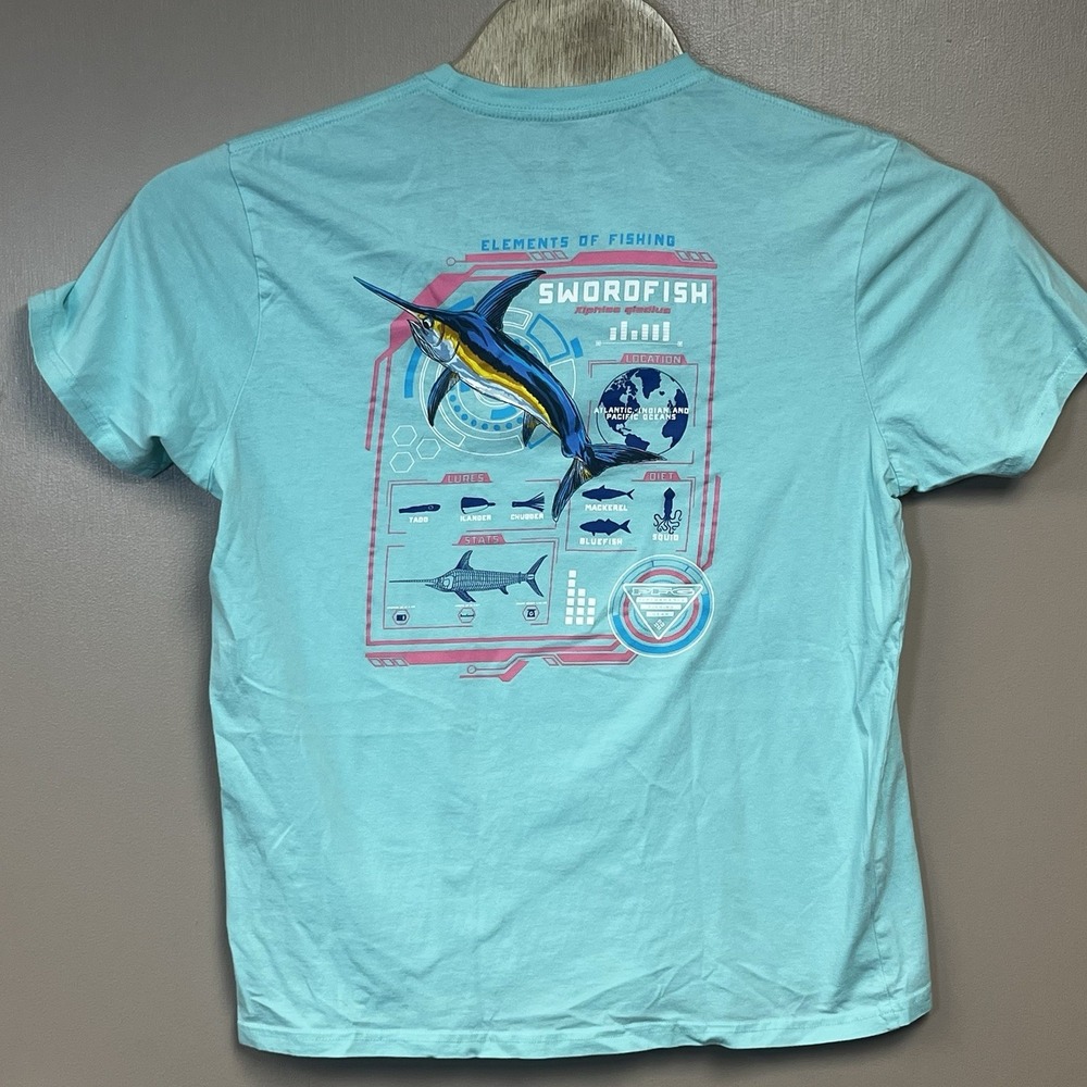 Columbia Mens PFG Short Sleeve Blue/Teal Shirt L Teal Logo Elements of Fishing - Picture 2 of 6